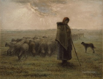 Jean Francois Millet Painting - Shepherdess with Her Flock ATC Barbizon naturalism realism farmers Jean Francois Millet